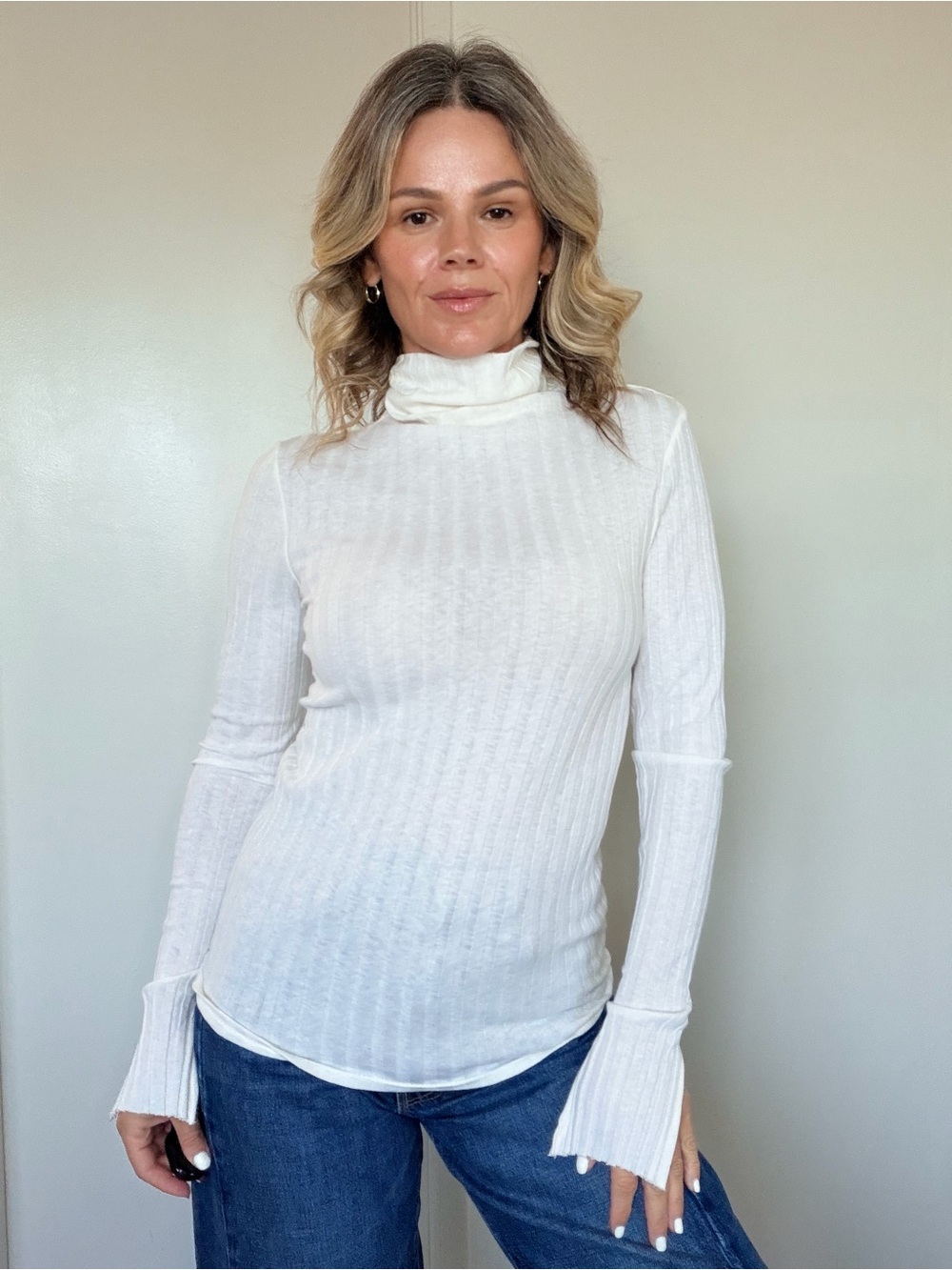 Enza Costa Cream Lurex Ribbed Turtleneck Sweater